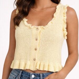Lulus Light Yellow Ruffled Knit Sleeveless Sweater Top Button Front Size M NWT